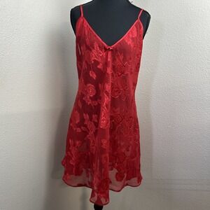 Frederick's of Hollywood Size 1X Red Rose Satin Lace Bow Nightware Lingerie Slip